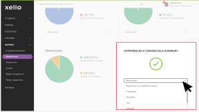 The Reports section of Xello. This is the Student Work page. The cursor is selecting the Experiences & credentials summary report